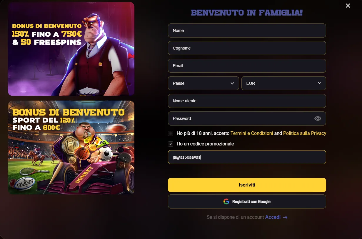Modulo di registrazione Donbet con il campo del codice promozionale compilato