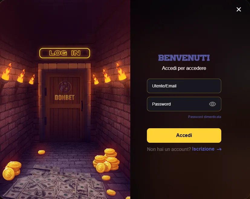 Finestra di login Donbet con username ed email