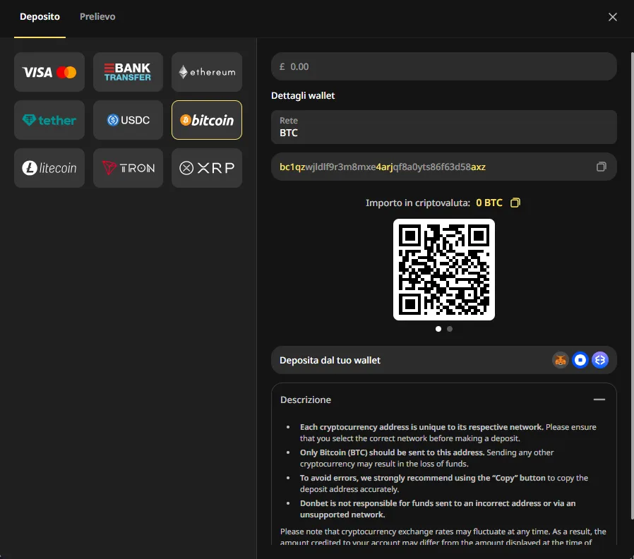 Cassa di Donbet con carte, bonifico e criptovalute