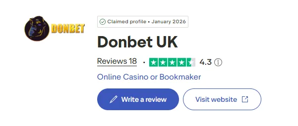 Profilo Trustpilot di Donbet con valutazione 4.3 su 5 e 18 recensioni